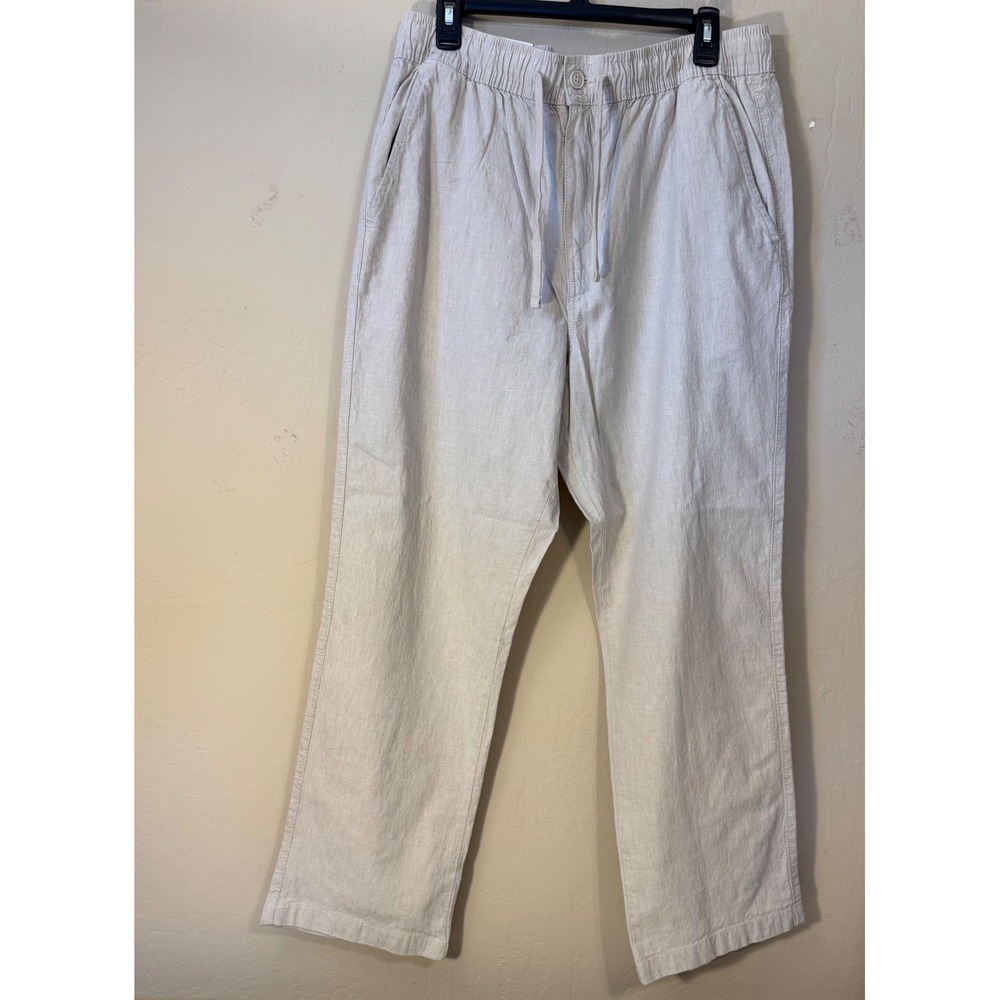 Mutual Weave‎ Beach Pant Men L Khaki Relaxed Cotton Linen Blend Drawstring NEW